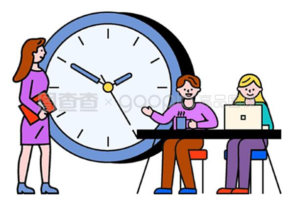 商務(wù)咨詢?nèi)藛T和與筆記本電腦的交流。工作時(shí)間、工作時(shí)間的男女。使用筆記本電腦的工人字符接近時(shí)鐘符號(hào),專業(yè)團(tuán)隊(duì)合作向量。與筆記本電腦合作的商務(wù)咨詢